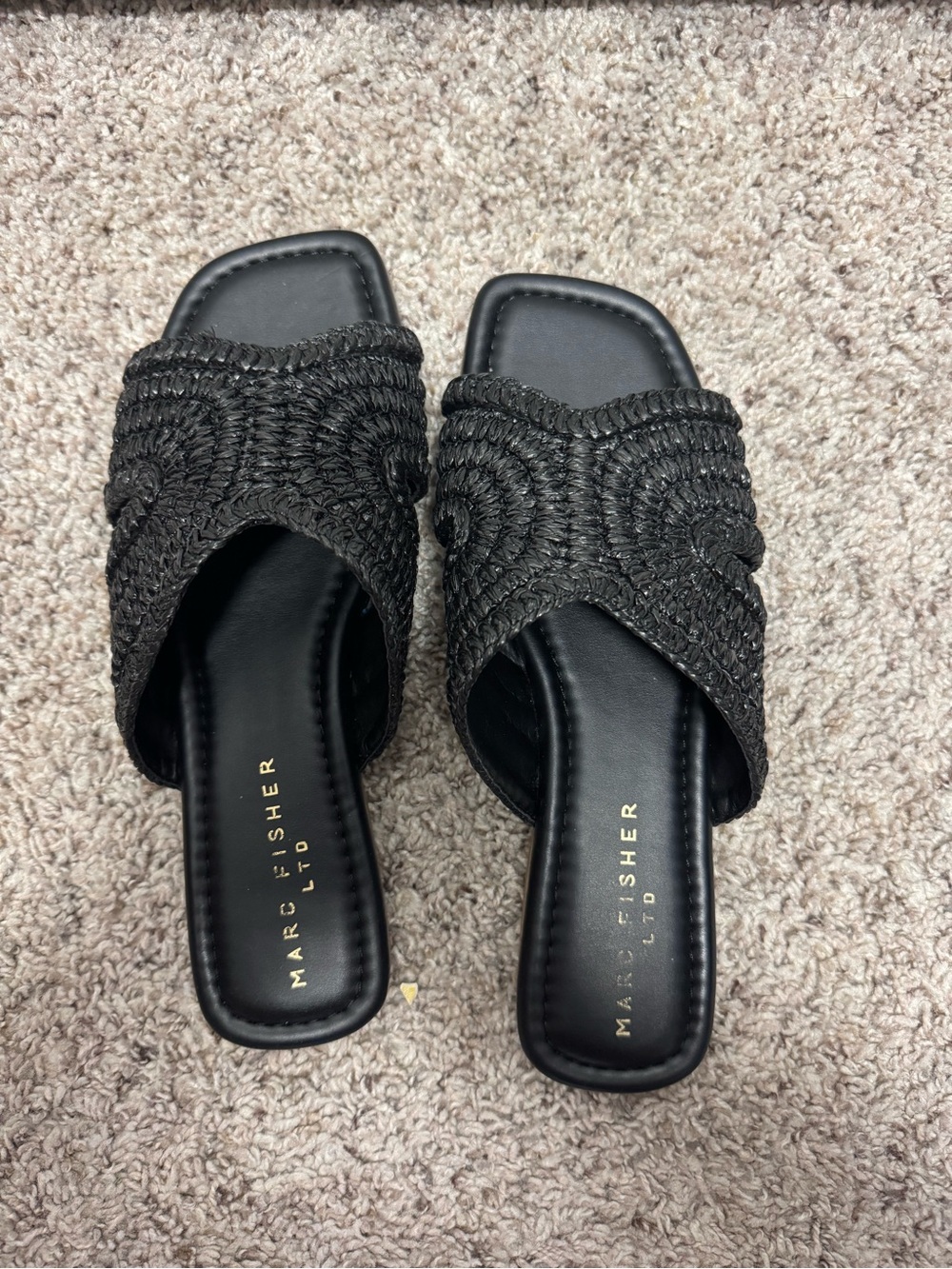 Marc Fisher Black Woven Slide Sandals with Square Toe